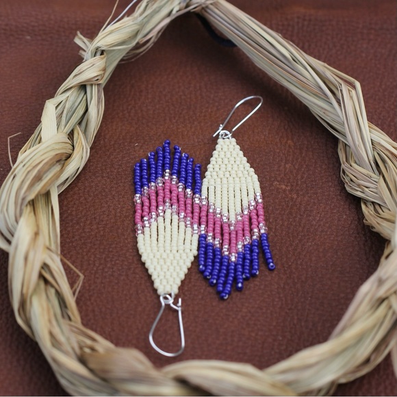 Pink & Blue Chevron Fringe Earrings - Picture 3 of 4
